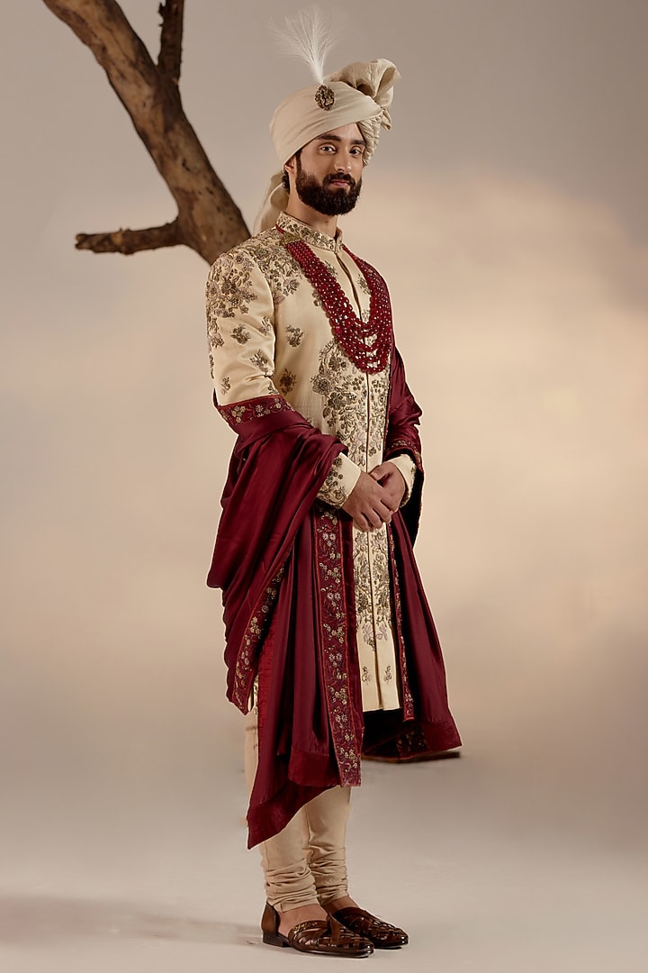 Golden Linen Silk Motif Hand Embroidered Groom Sherwani Set by Jatin Malik at Pernia's Pop Up Shop