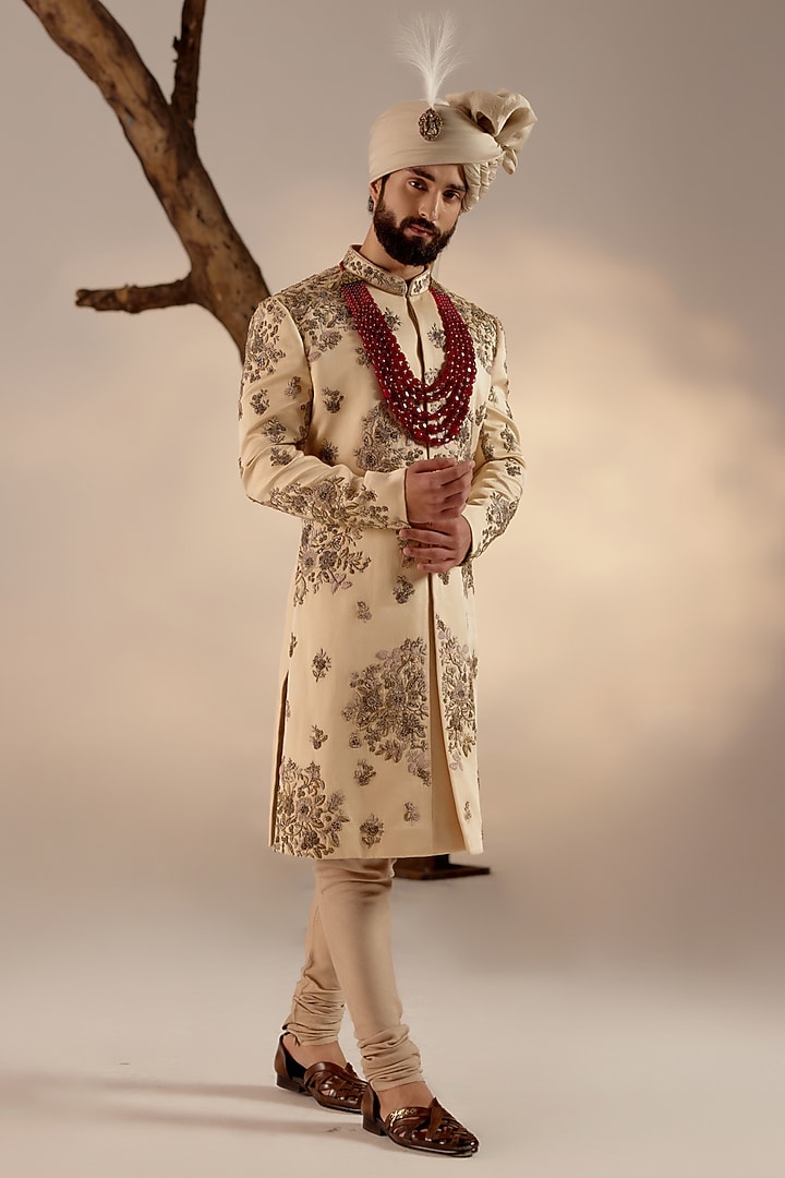 Golden Linen Silk Motif Hand Embroidered Groom Sherwani Set by Jatin Malik at Pernia's Pop Up Shop