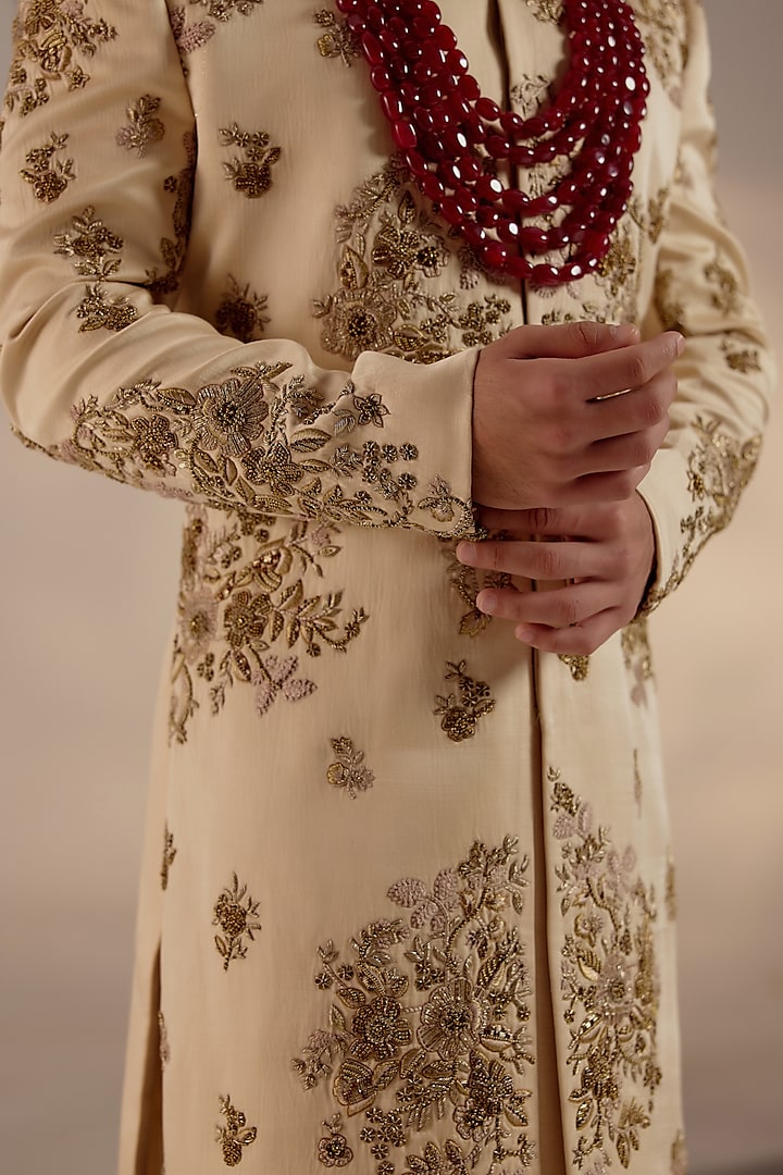 Golden Linen Silk Motif Hand Embroidered Groom Sherwani Set by Jatin Malik at Pernia's Pop Up Shop