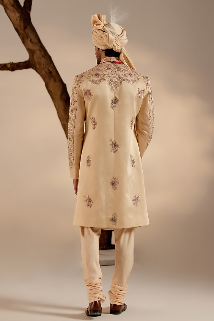 Golden Linen Silk Zardosi & Aari Hand Embroidered Groom Sherwani Set by Jatin Malik at Pernia's Pop Up Shop