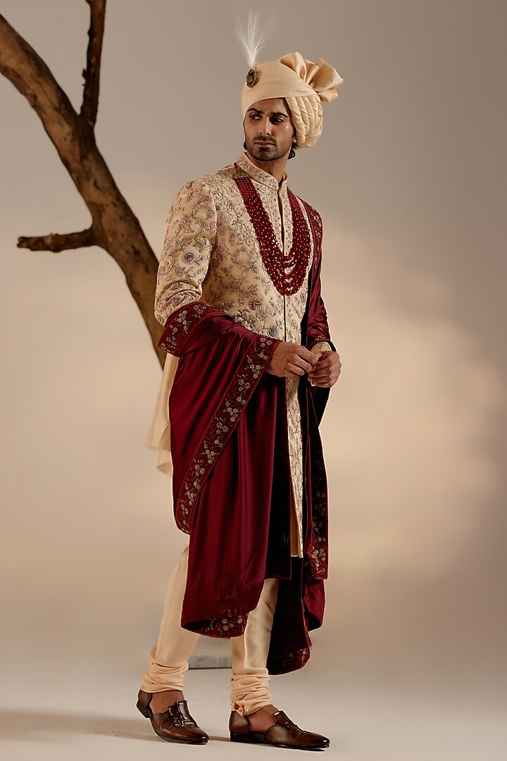 Golden Linen Silk Zardosi & Aari Hand Embroidered Groom Sherwani Set by Jatin Malik at Pernia's Pop Up Shop