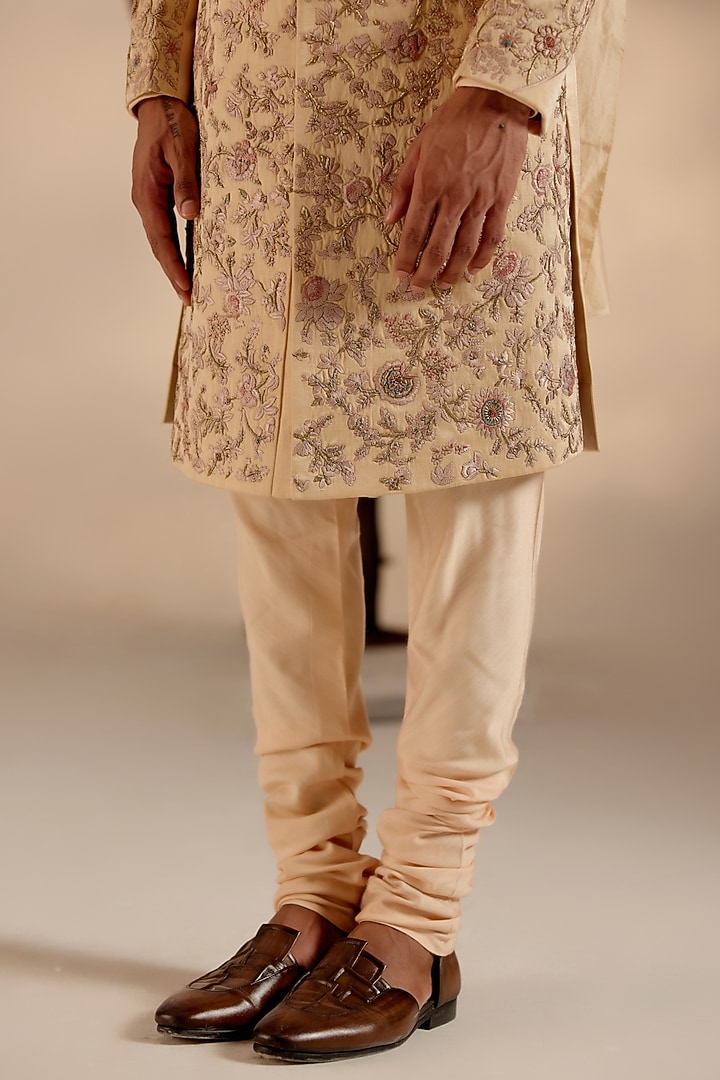 Golden Linen Silk Zardosi & Aari Hand Embroidered Groom Sherwani Set by Jatin Malik at Pernia's Pop Up Shop