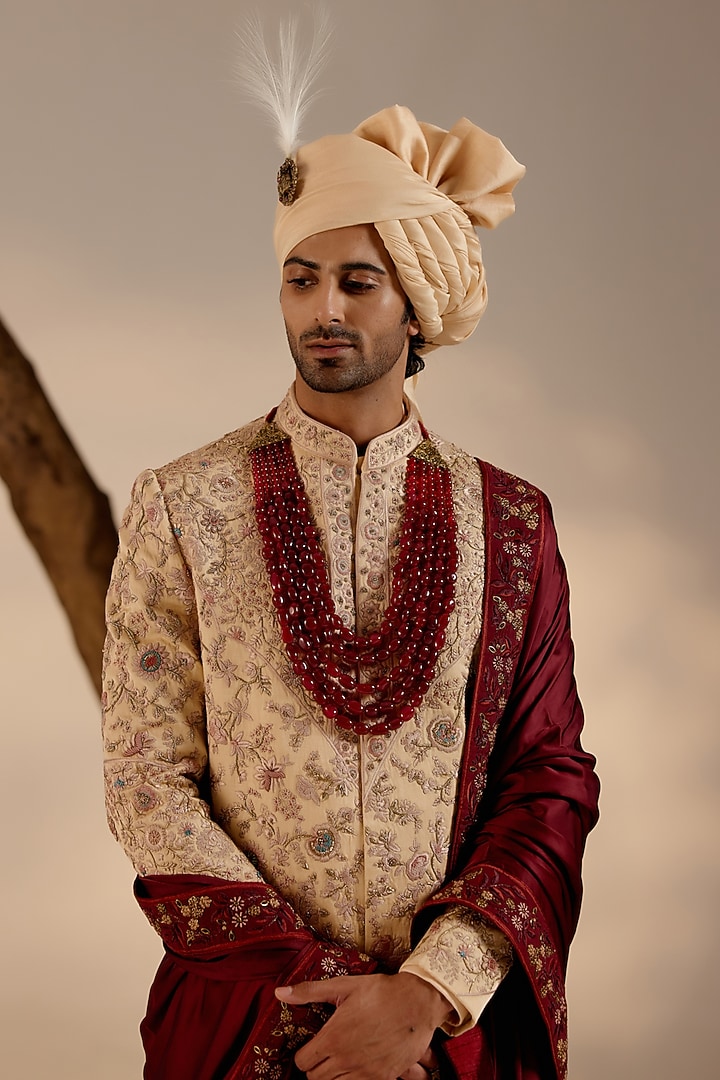 Golden Linen Silk Zardosi & Aari Hand Embroidered Groom Sherwani Set by Jatin Malik at Pernia's Pop Up Shop
