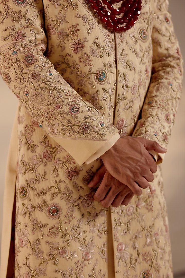 Golden Linen Silk Zardosi & Aari Hand Embroidered Groom Sherwani Set by Jatin Malik at Pernia's Pop Up Shop
