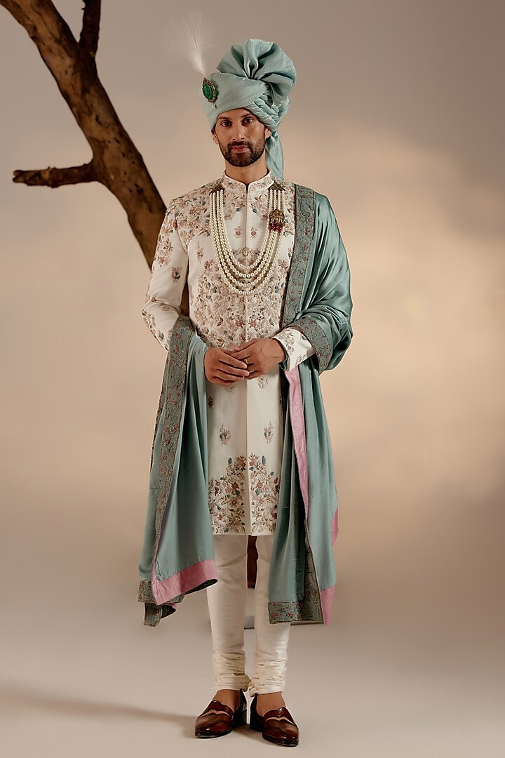 Ivory Linen Silk Resham Thread & Zari Hand Embroidered Sherwani Set by Jatin Malik