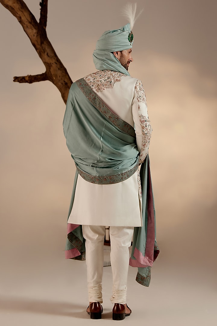Ivory Linen Silk Zari Hand Embroidered Groom Sherwani Set by Jatin Malik at Pernia's Pop Up Shop