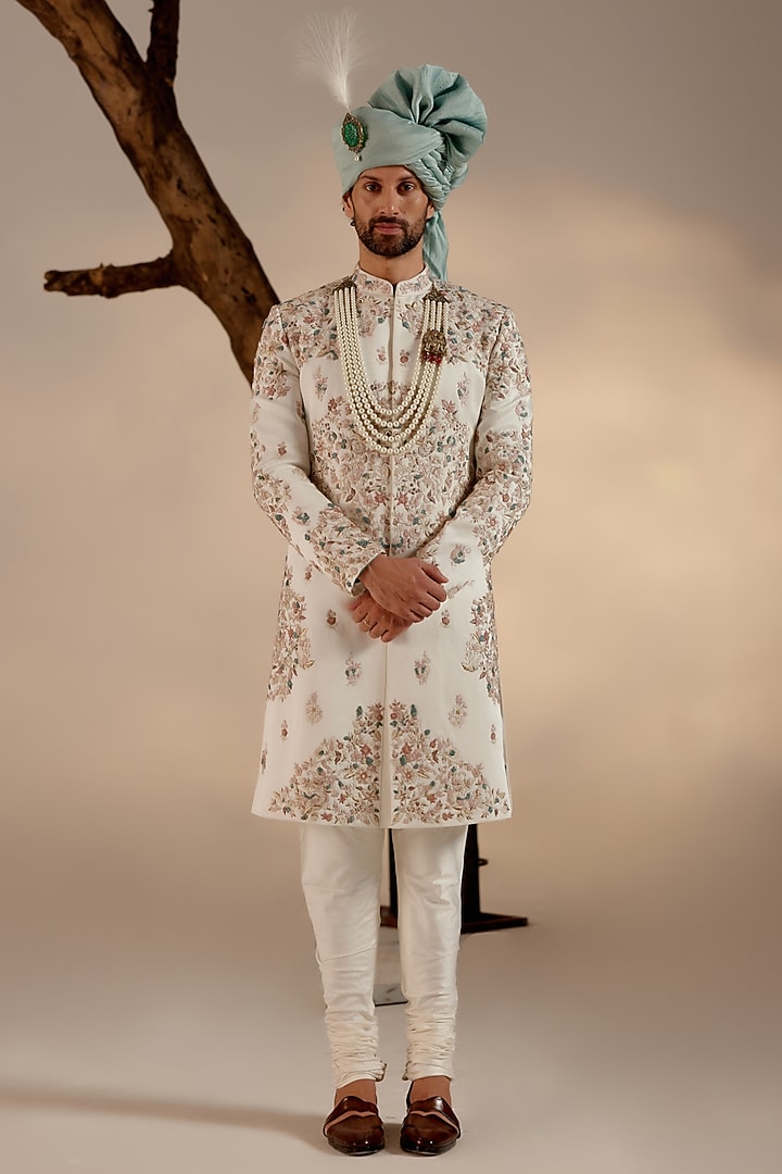 Ivory Linen Silk Zari Hand Embroidered Groom Sherwani Set by Jatin Malik at Pernia's Pop Up Shop