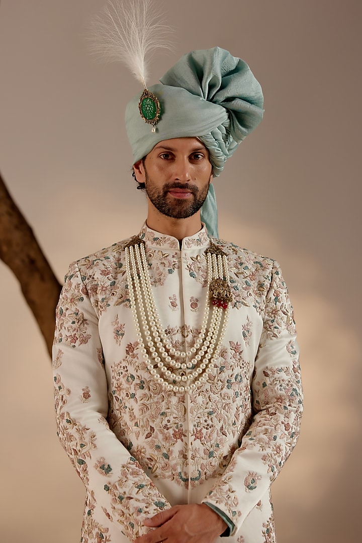 Ivory Linen Silk Zari Hand Embroidered Groom Sherwani Set by Jatin Malik at Pernia's Pop Up Shop
