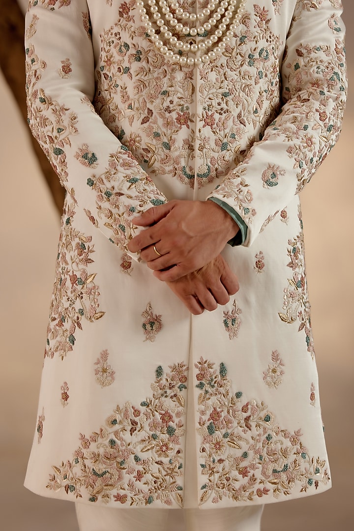 Ivory Linen Silk Zari Hand Embroidered Groom Sherwani Set by Jatin Malik at Pernia's Pop Up Shop