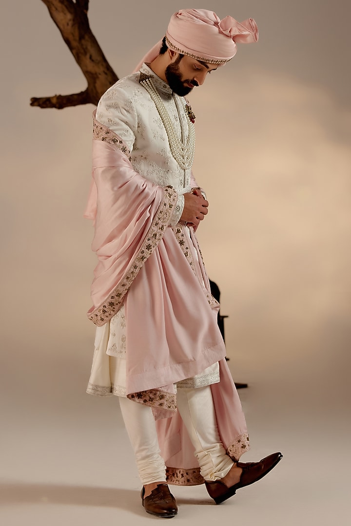 White Linen Silk Silver Zari Hand Embroidered Groom Sherwani Set by Jatin Malik at Pernia's Pop Up Shop