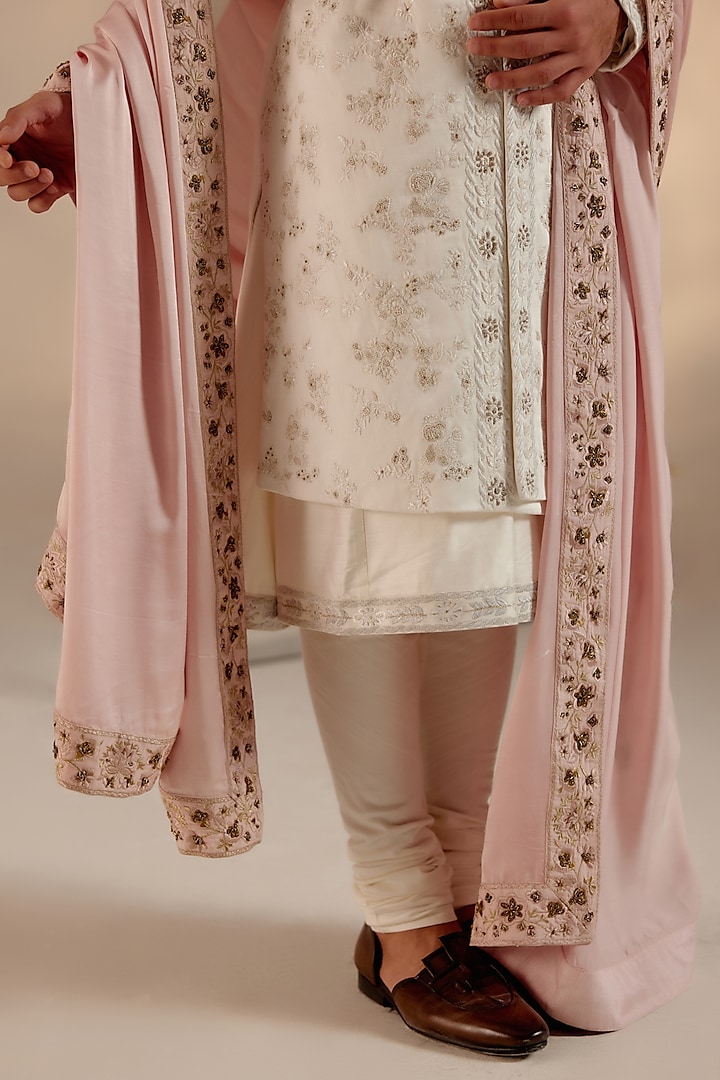 White Linen Silk Silver Zari Hand Embroidered Groom Sherwani Set by Jatin Malik at Pernia's Pop Up Shop