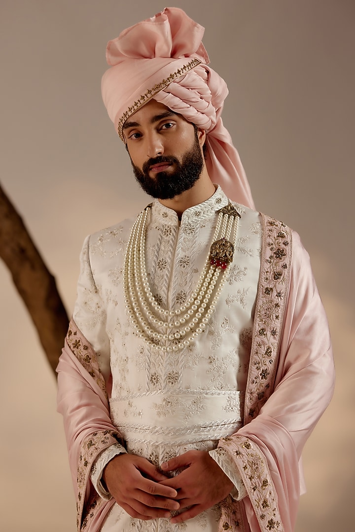 White Linen Silk Silver Zari Hand Embroidered Groom Sherwani Set by Jatin Malik at Pernia's Pop Up Shop