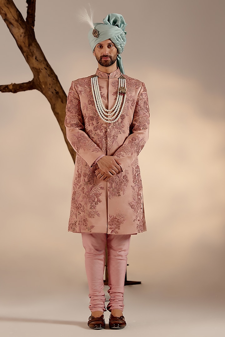 Orchid Pink Linen Silk Zari Hand Embroidered Sherwani Set by Jatin Malik