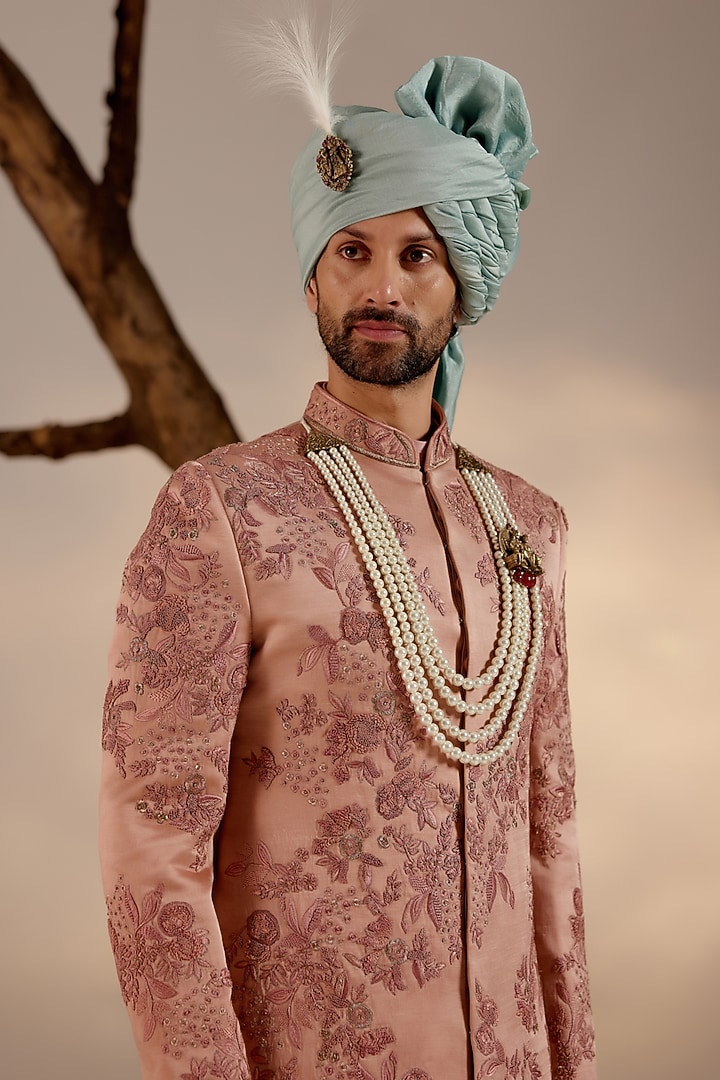 Orchid Pink Linen Silk Zari Hand Embroidered Groom Sherwani Set
by Jatin Malik at Pernia's Pop Up Shop