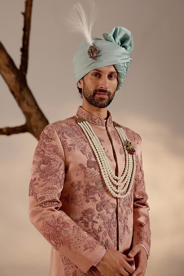 Orchid Pink Linen Silk Zari Hand Embroidered Groom Sherwani Set
by Jatin Malik at Pernia's Pop Up Shop