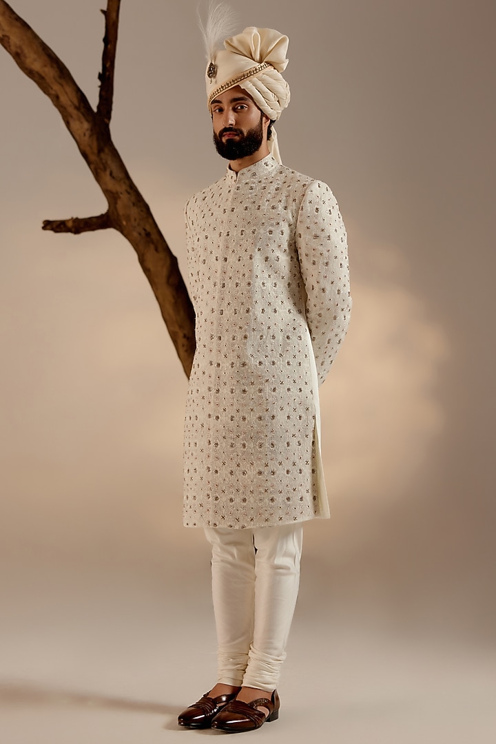White Linen Silk Kashmiri Jamawar Floral Embroidered Groom Sherwani Set by Jatin Malik at Pernia's Pop Up Shop