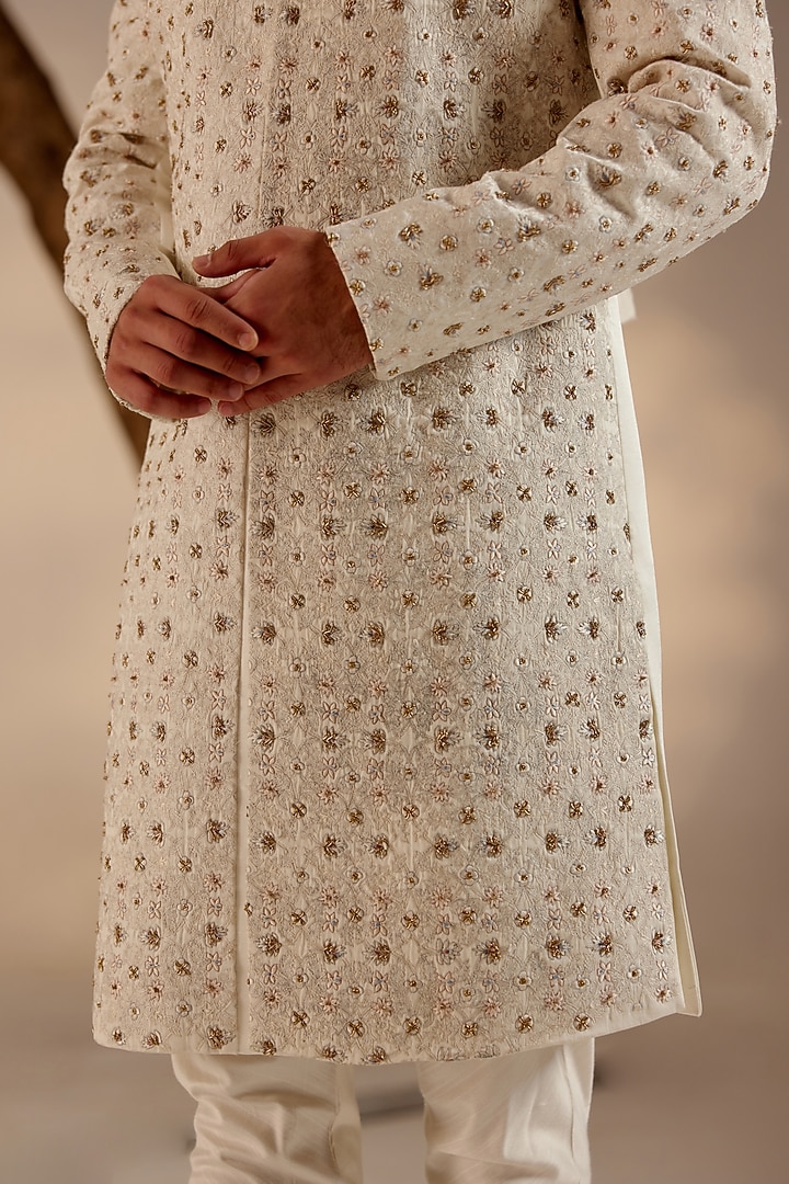 White Linen Silk Jamawar Floral Embroidered Groom Sherwani Set by Jatin Malik at Pernia's Pop Up Shop