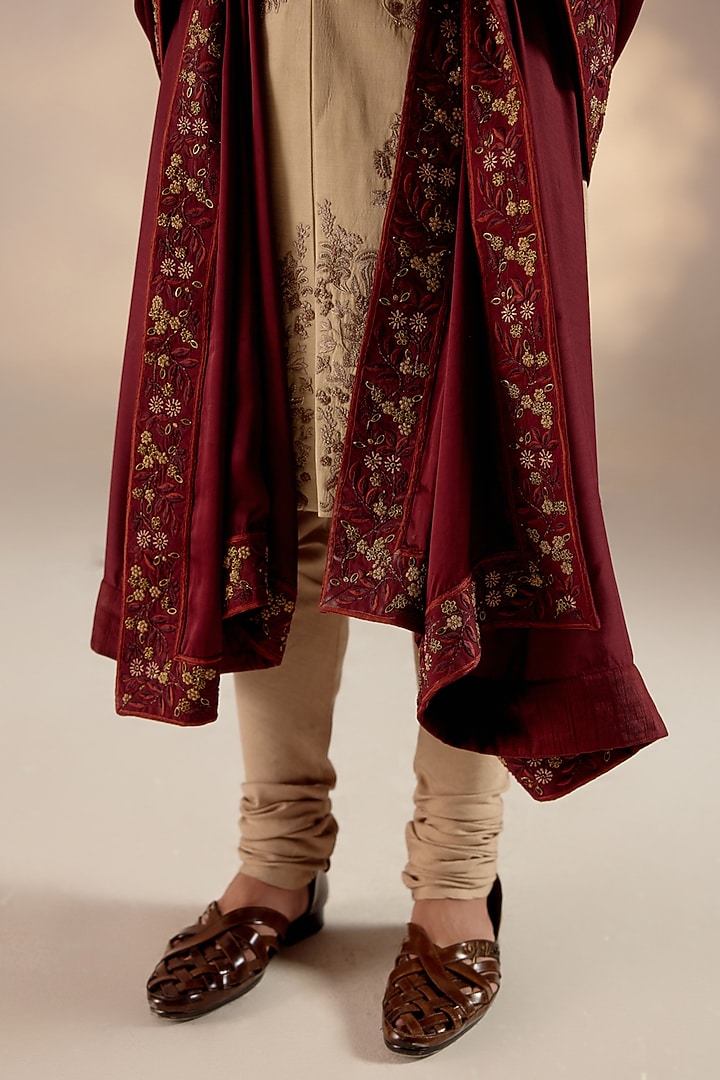 Sand Grey Linen Silk Resham Hand Embroidered Groom Sherwani Set by Jatin Malik at Pernia's Pop Up Shop
