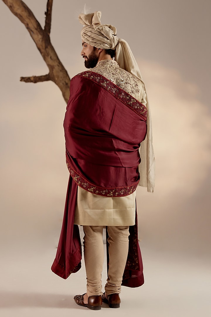 Sand Grey Linen Silk Resham Hand Embroidered Groom Sherwani Set by Jatin Malik at Pernia's Pop Up Shop