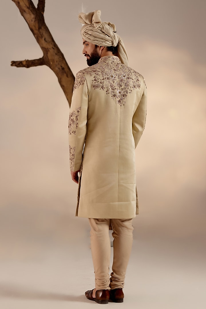 Sand Grey Linen Silk Resham Hand Embroidered Groom Sherwani Set by Jatin Malik at Pernia's Pop Up Shop