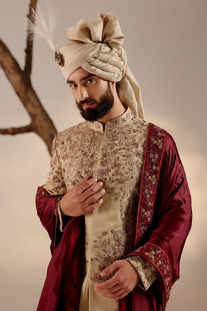 Sand Grey Linen Silk Resham Hand Embroidered Groom Sherwani Set by Jatin Malik at Pernia's Pop Up Shop