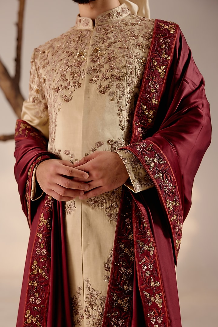 Sand Grey Linen Silk Resham Hand Embroidered Groom Sherwani Set by Jatin Malik at Pernia's Pop Up Shop