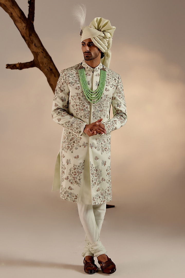 Hazy Blue Linen Silk Resham & Sequins Embroidered Sherwani Set by Jatin Malik
