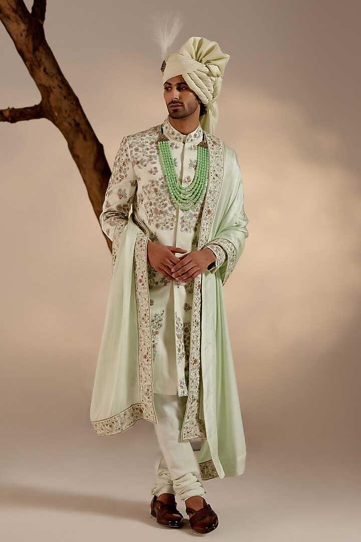Hazy Blue Linen Silk Resham Embroidered Groom Sherwani Set by Jatin Malik at Pernia's Pop Up Shop