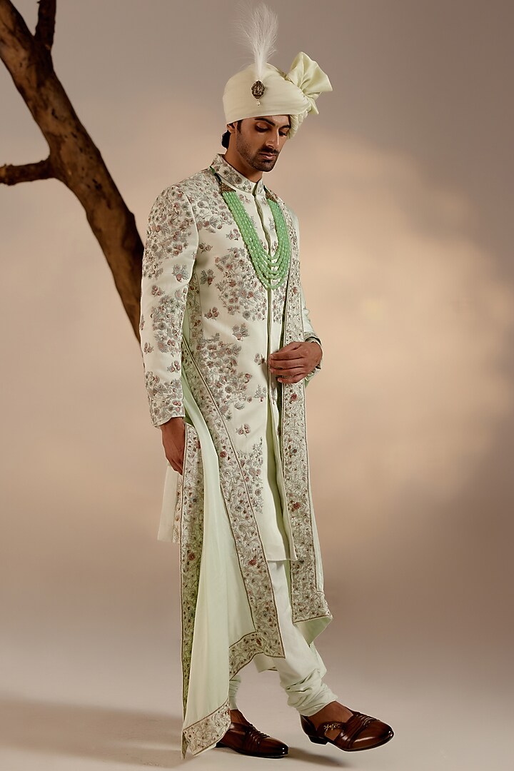 Hazy Blue Linen Silk Resham Embroidered Groom Sherwani Set by Jatin Malik at Pernia's Pop Up Shop