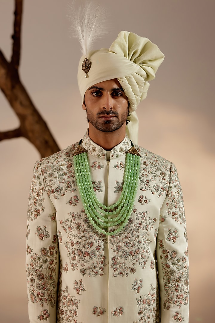 Hazy Blue Linen Silk Resham Embroidered Groom Sherwani Set by Jatin Malik at Pernia's Pop Up Shop