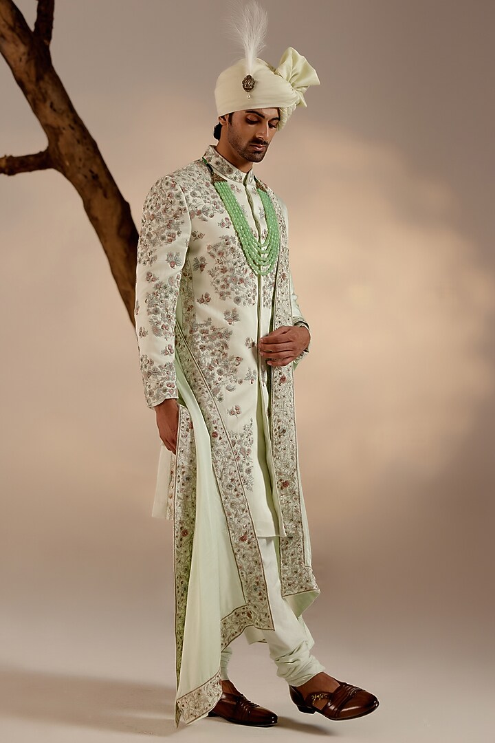 Hazy Blue Linen Silk Resham Embroidered Groom Sherwani Set by Jatin Malik at Pernia's Pop Up Shop
