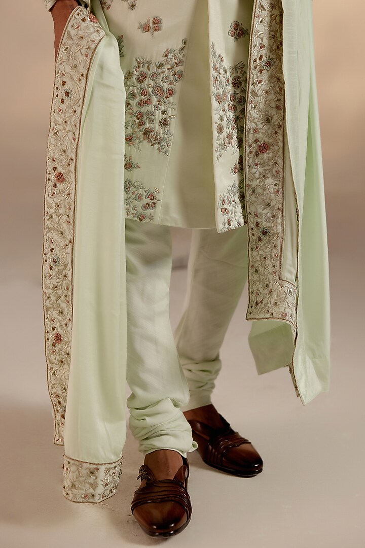 Hazy Blue Linen Silk Resham Embroidered Groom Sherwani Set by Jatin Malik at Pernia's Pop Up Shop