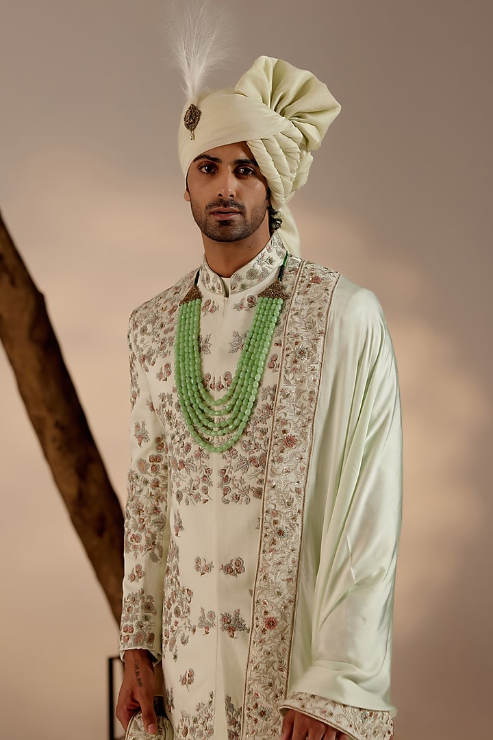 Hazy Blue Linen Silk Resham Embroidered Groom Sherwani Set by Jatin Malik at Pernia's Pop Up Shop