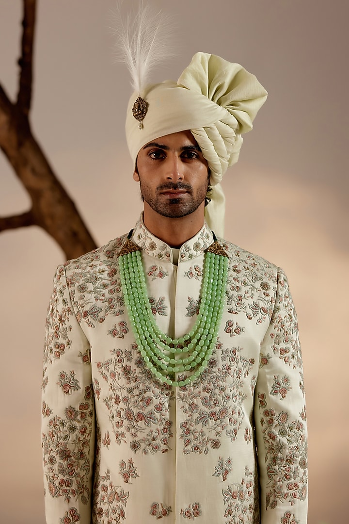 Hazy Blue Linen Silk Resham Embroidered Groom Sherwani Set by Jatin Malik at Pernia's Pop Up Shop
