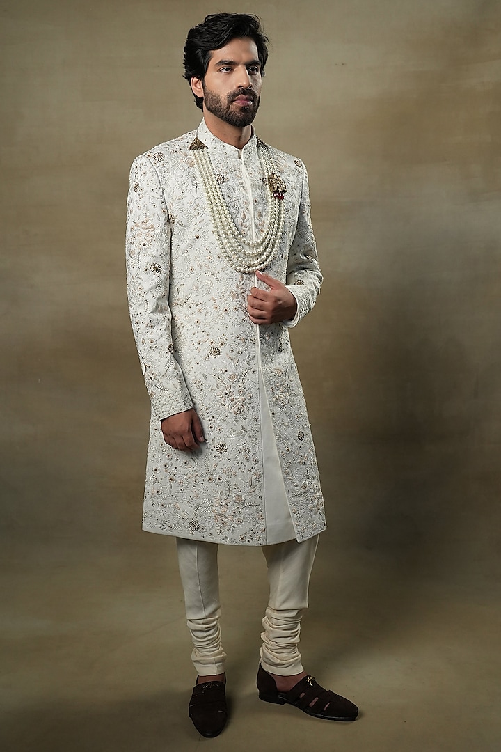 Ivory Linen Silk Dabka & Zari Hand Embroidered Sherwani Set by Jatin Malik