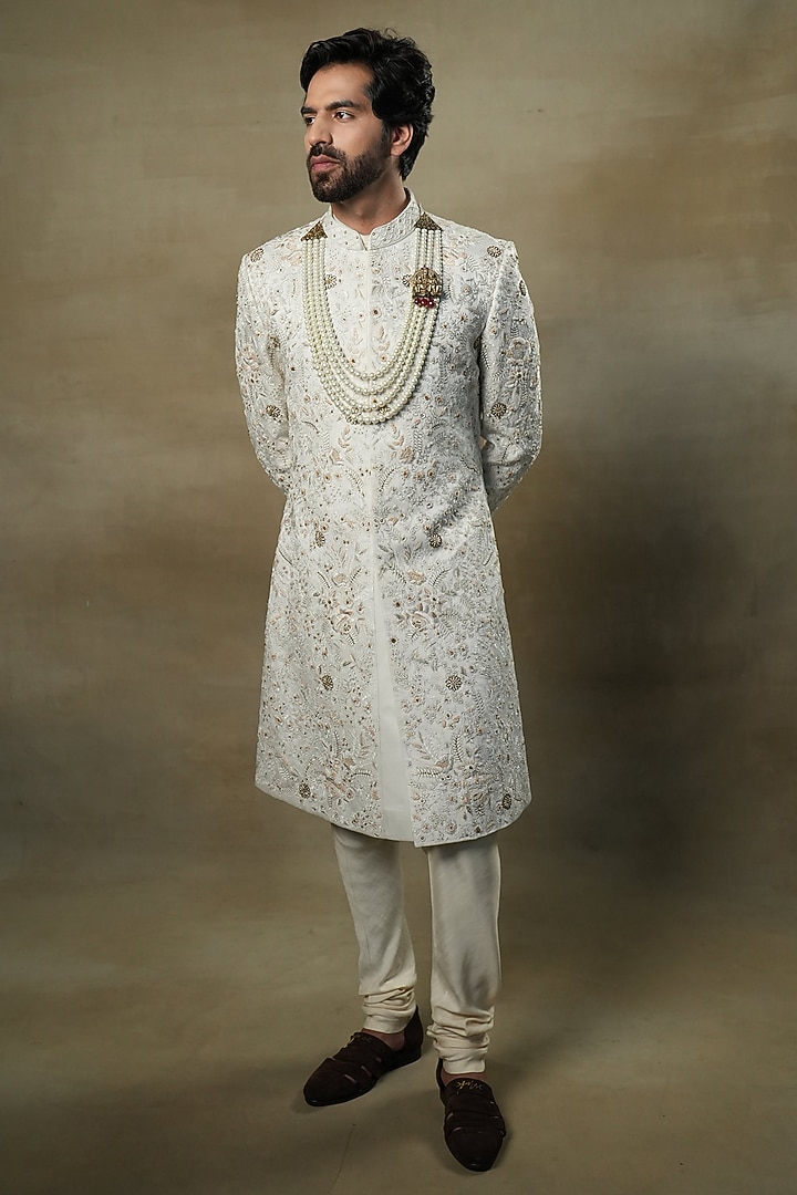 Ivory Linen Silk Dabka & Zari Hand Embroidered Groom Sherwani Set by Jatin Malik at Pernia's Pop Up Shop