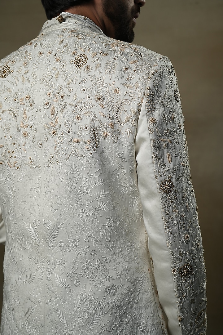 Ivory Linen Silk Dabka & Zari Hand Embroidered Groom Sherwani Set by Jatin Malik at Pernia's Pop Up Shop
