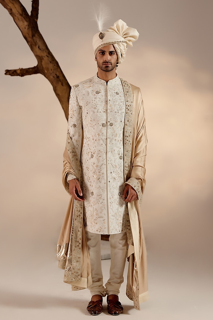 Ivory Linen Silk Dabka & Zari Hand Embroidered Sherwani Set by Jatin Malik