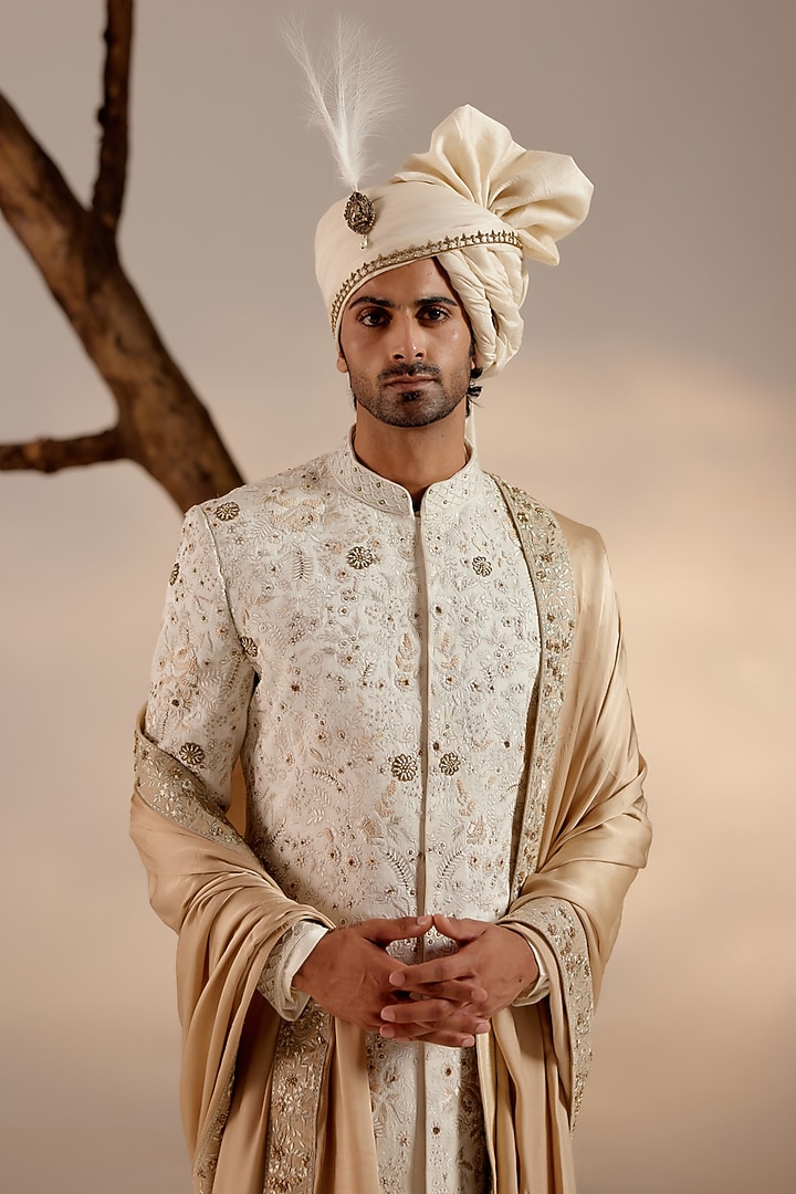 Ivory Linen Silk Dabka & Zari Hand Embroidered Groom Sherwani Set by Jatin Malik at Pernia's Pop Up Shop