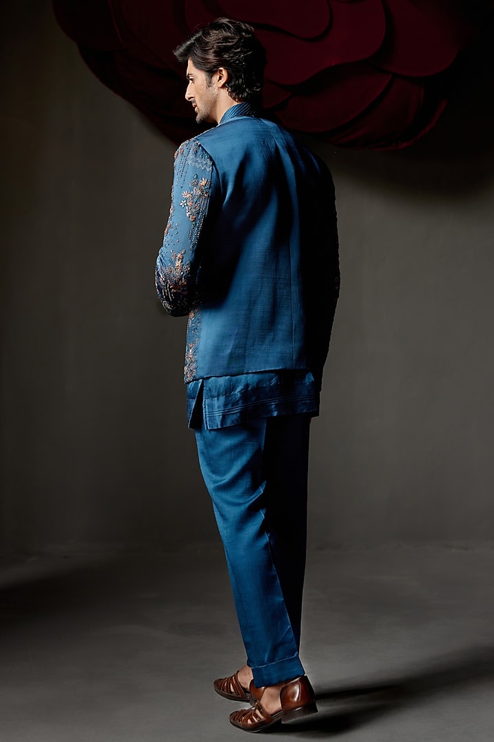 Teal Blue Linen Silk Floral Hand Embroidered Indo-Western Set by Jatin Malik at Pernia's Pop Up Shop
