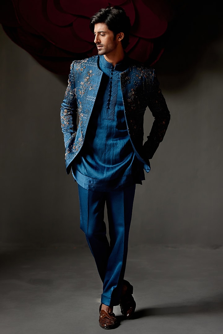 Teal Blue Linen Silk Floral Hand Embroidered Indo-Western Set by Jatin Malik at Pernia's Pop Up Shop