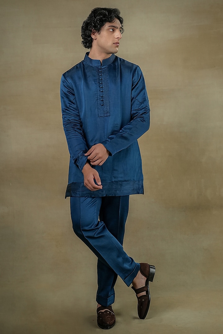 Teal Blue Linen Silk Floral Hand Embroidered Indo-Western Set by Jatin Malik at Pernia's Pop Up Shop