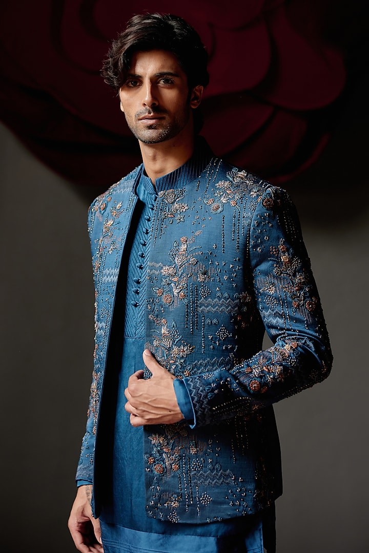 Teal Blue Linen Silk Floral Hand Embroidered Indo-Western Set by Jatin Malik at Pernia's Pop Up Shop