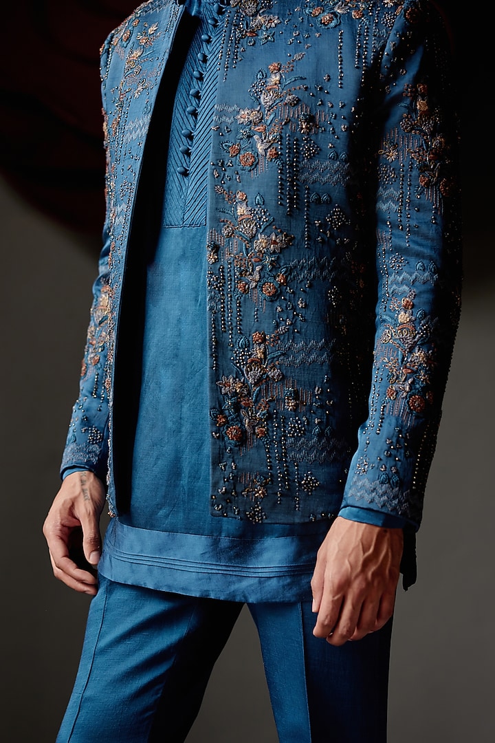 Teal Blue Linen Silk Floral Hand Embroidered Indo-Western Set by Jatin Malik at Pernia's Pop Up Shop