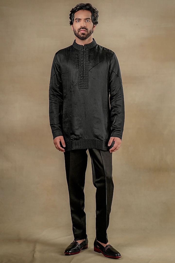 Black Linen Silk Zari Embroidered Indo-Western Set by Jatin Malik at Pernia's Pop Up Shop