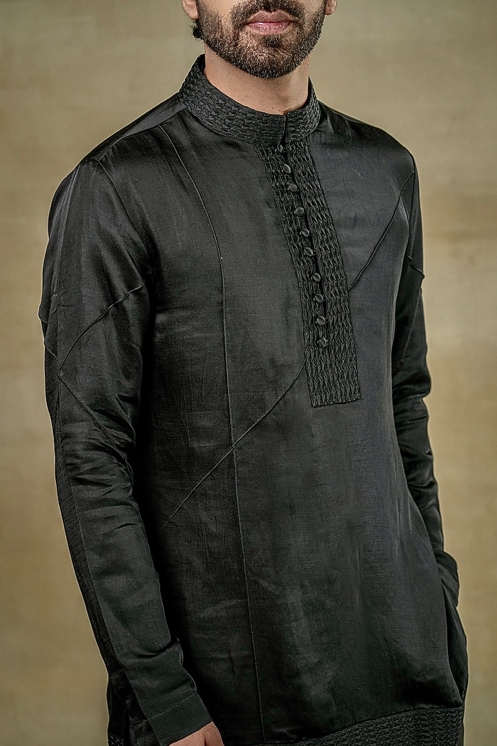 Black Linen Silk Zari Embroidered Indo-Western Set by Jatin Malik at Pernia's Pop Up Shop