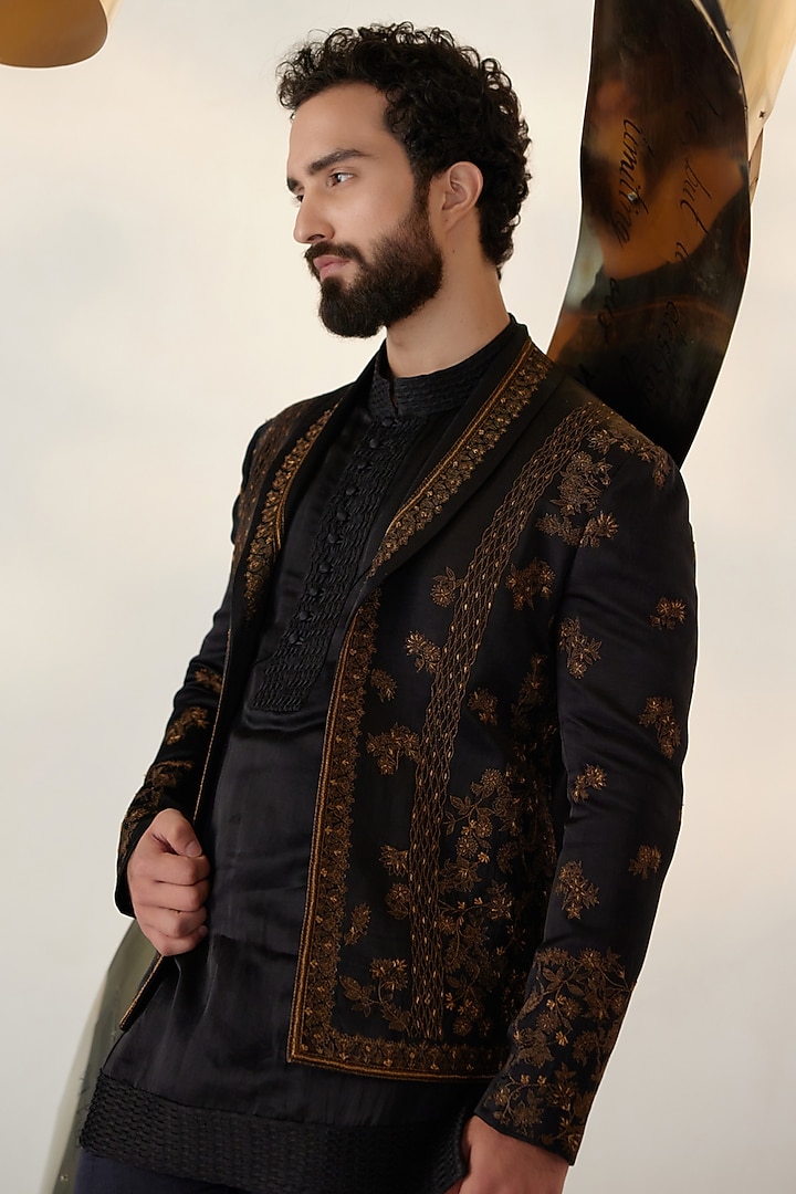 Black Linen Silk Zari Embroidered Indo-Western Set by Jatin Malik at Pernia's Pop Up Shop