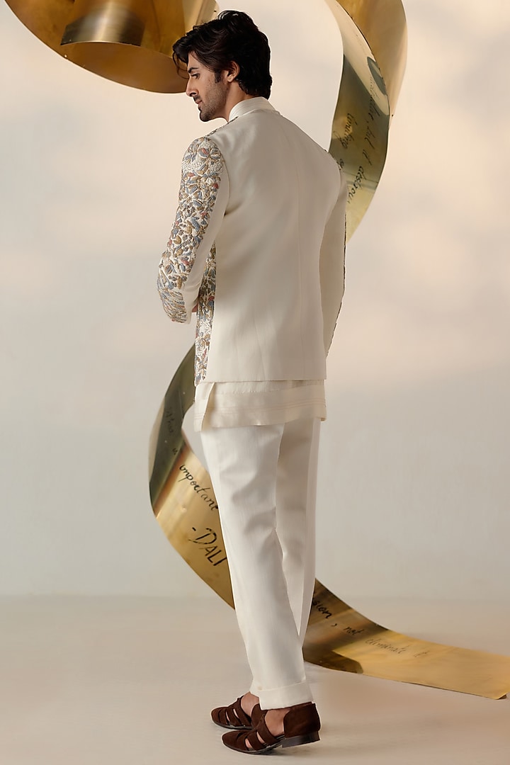 Ivory Linen Silk Resham & Zari Embroidered Indo-Western Set by Jatin Malik at Pernia's Pop Up Shop