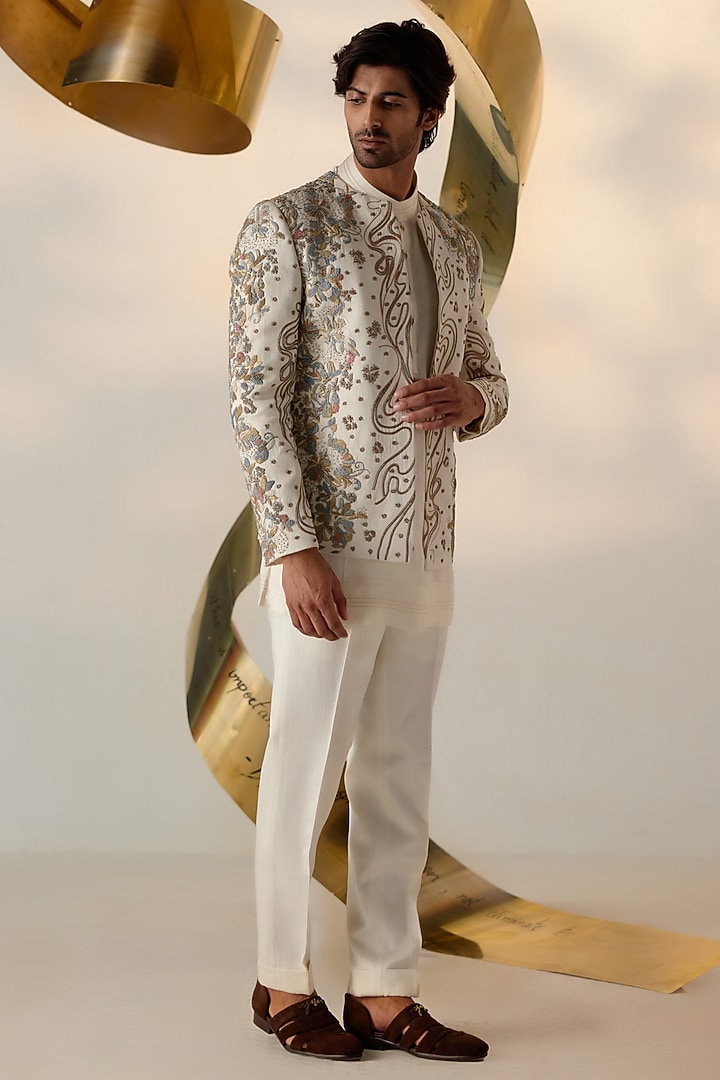 Ivory Linen Silk Resham & Zari Embroidered Indo-Western Set by Jatin Malik at Pernia's Pop Up Shop