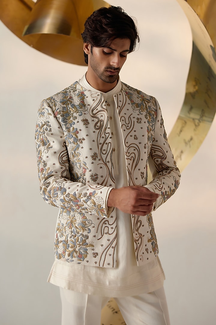 Ivory Linen Silk Resham & Zari Embroidered Indo-Western Set by Jatin Malik at Pernia's Pop Up Shop